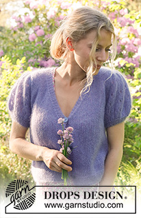 Violet Meadow Cardigan / DROPS 230-56 - Knitted jacket in 2 strands DROPS Kid-Silk. The piece is worked bottom up with V-neck and puffed sleeves. Sizes S - XXXL.
