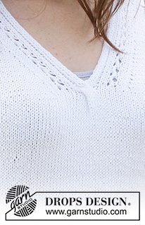 White Trail / DROPS 230-6 - Knitted sweater in DROPS Belle. Piece is knitted bottom up with V-neck and lace pattern. Size: S - XXXL