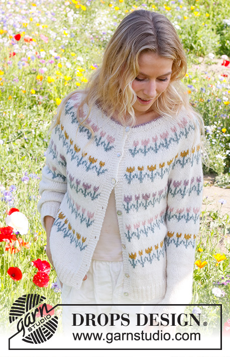 Spring Parade Cardigan / DROPS 230-7 - Knitted jacket in DROPS Sky. The piece is worked top down with round yoke, flowers/folklore pattern. Sizes S - XXXL.