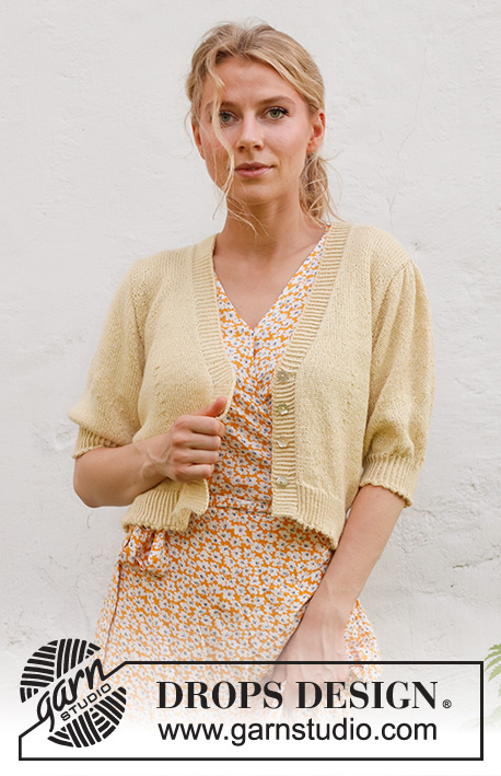 Chamomile Tea Cardi / DROPS 231-21 - Knitted jacket in DROPS BabyAlpaca Silk. Piece is knitted top down in stocking stitch with V-neck, short puffed sleeves and picot edges. Size: S - XXXL