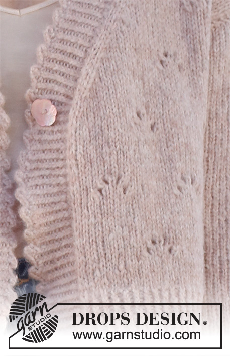 Sweetness Imprint / DROPS 231-27 - Rozpinany sweter na drutach, przerabiany od dołu do góry, ściegiem ażurowym i z brzegiem pikotką, z włóczki DROPS Air. Od S do XXXL.