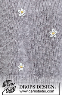 Shy Daisy / DROPS 231-34 - Gestrickter Pullover in DROPS Merino Extra Fine. Die Arbeit wird von unten nach oben glatt rechts mit doppelter Halsblende gestrickt und es werden Blüten aufgestickt. Größe S - XXXL.