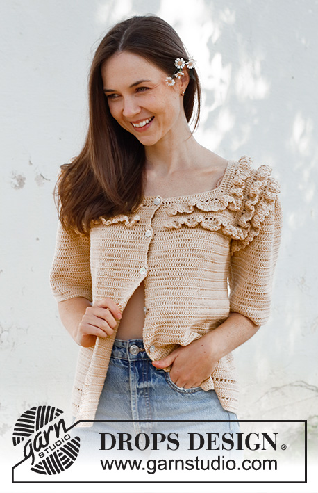 Caramel Drizzle / DROPS 231-42 - Crocheted jacket with short sleeves in DROPS Safran. The piece is worked from the top down, with raglan and flounces. Sizes S – XXXL.