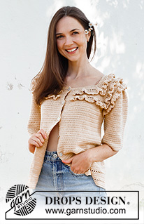Caramel Drizzle / DROPS 231-42 - Crocheted jacket with short sleeves in DROPS Safran. The piece is worked from the top down, with raglan and flounces. Sizes S – XXXL.