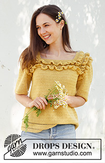 Summer Date / DROPS 231-44 - Crocheted jumper with short sleeves in DROPS Safran. Piece is worked top down with raglan and flounces. Size: S - XXXL