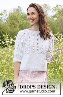 Lost in Summer Sweater / DROPS 231-49 - Knitted sweater in DROPS Muskat. The piece is worked top down with raglan, lace pattern and ¾-length sleeves. Sizes S - XXXL.