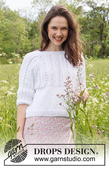 Lost in Summer Sweater / DROPS 231-49 - Knitted sweater in DROPS Muskat. The piece is worked top down with raglan, lace pattern and ¾-length sleeves. Sizes S - XXXL.