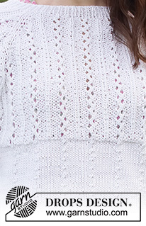 Lost in Summer Sweater / DROPS 231-49 - Strikket bluse i DROPS Muskat. Arbejdet strikkes oppefra og ned med raglan, hulmønster og ¾ lange ærmer. Størrelse S - XXXL.