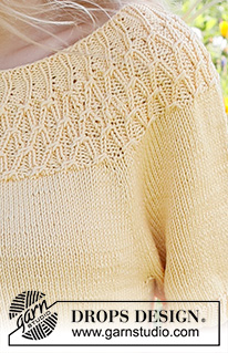 Sunny Song / DROPS 231-5 - Strikket bluse med korte ærmer / t-shirt i DROPS Muskat. Arbejdet strikkes oppefra og ned med rundt bærestykke og snoninger. Størrelse S-XXXL.