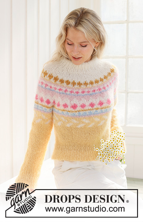 Lemon Meringue Sweater / DROPS 231-55 - Knitted jumper in DROPS Melody. The piece is worked top down, with multi-coloured pattern, round yoke and double neck. Sizes S - XXXL.