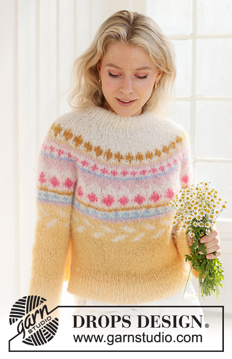 Lemon Meringue Sweater / DROPS 231-55 - Knitted jumper in DROPS Melody. The piece is worked top down, with multi-coloured pattern, round yoke and double neck. Sizes S - XXXL.