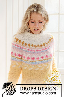 Lemon Meringue Sweater / DROPS 231-55 - Pull tricoté de haut en bas, avec jacquard, empiècement arrondi et col doublé, en DROPS Melody. Du S au XXXL.