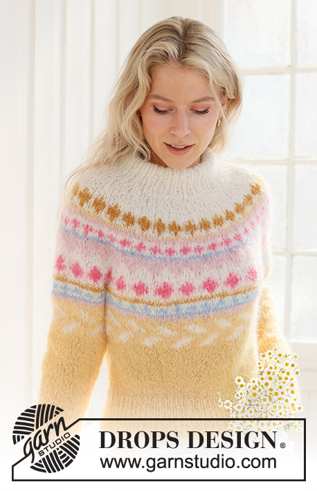 Lemon Meringue Sweater / DROPS 231-55 - Strikket genser i DROPS Melody. Arbeidet strikkes ovenfra og ned med dobbel halskant, rundfelling og flerfarget mønster. Størrelse S - XXXL.