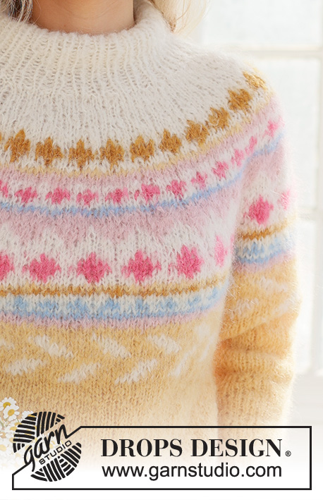 Lemon Meringue Sweater / DROPS 231-55 - Strikket genser i DROPS Melody. Arbeidet strikkes ovenfra og ned med dobbel halskant, rundfelling og flerfarget mønster. Størrelse S - XXXL.