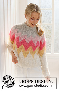 Pink Lemonade Sweater / DROPS 231-56 - Ylhäältä alas neulottu pusero DROPS Melody-langasta. Työssä on kaksinkertainen pääntien reunus, kaarroke ja kirjoneuletta. Koot S-XXXL.