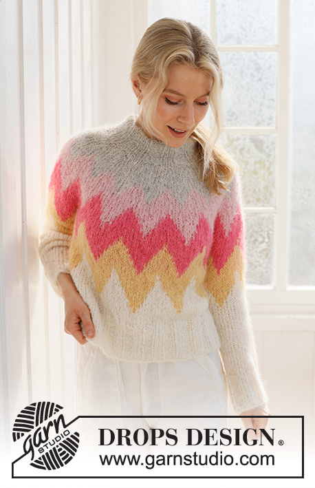 Pink Lemonade Sweater / DROPS 231-56 - Gebreide trui in DROPS Melody. Het werk wordt van boven naar beneden gebreid, met veelkleurig patroon, ronde pas en dubbele hals. Maten S - XXXL.