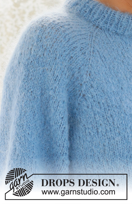 Blueberry Cream Sweater / DROPS 231-57 - Prjónuð peysa úr DROPS Melody. Stykkið er prjónað ofan frá og niður með tvöföldum kanti í hálsmáli og laskalínu. Stærð S - XXXL.