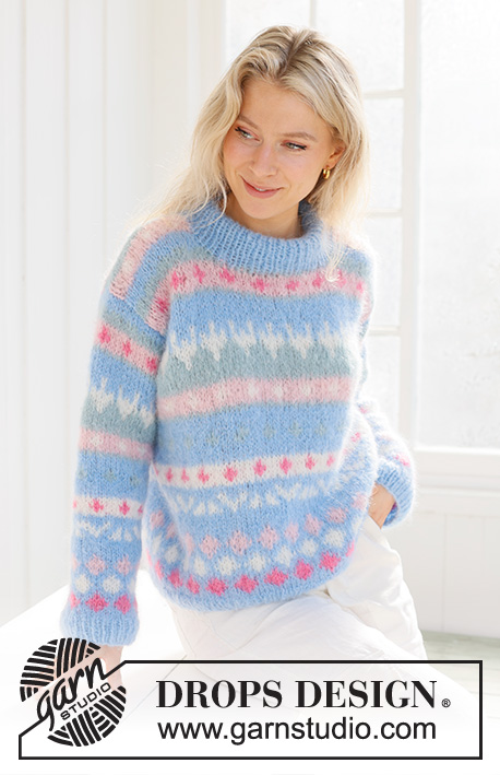 Mixed Berries Sweater / DROPS 231-58 - Knitted jumper in DROPS Melody. The piece is worked bottom up, with multi-coloured pattern and double neck. Sizes XS - XXXL.