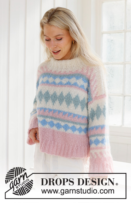 Berries and Cream Sweater / DROPS 231-60 - Knitted jumper in DROPS Melody. The piece is worked bottom up, with multi-coloured pattern and double neck. Sizes XS - XXXL.