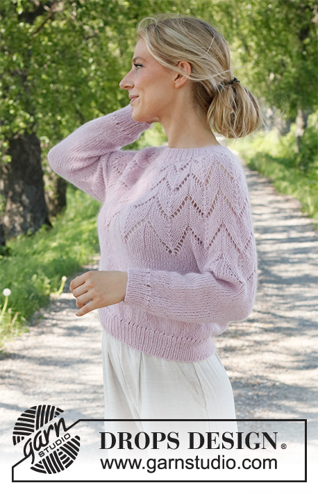 Wishing Well / DROPS 231-9 - Knitted sweater in DROPS Alpaca and DROPS Kid-Silk. The piece is worked top down with round yoke and lace pattern. Sizes S - XXXL.