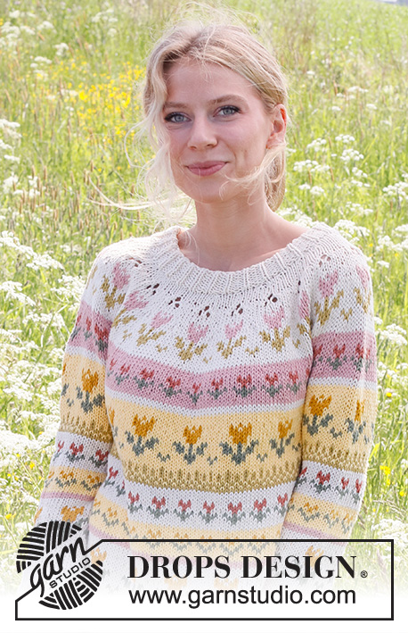 Tulip Season / DROPS 232-1 - Knitted sweater in DROPS Paris. The piece is worked top down, with double neck, round yoke, lace pattern and Nordic pattern with tulips. Sizes S - XXXL.