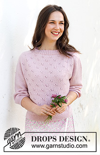 Pink Peony Sweater / DROPS 232-25 - Pulovr s ažurovým vzorem, sedlovými náramenicemi a ¾-rukávem pletený shora dolů z příze DROPS Flora. Velikost: S - XXXL.