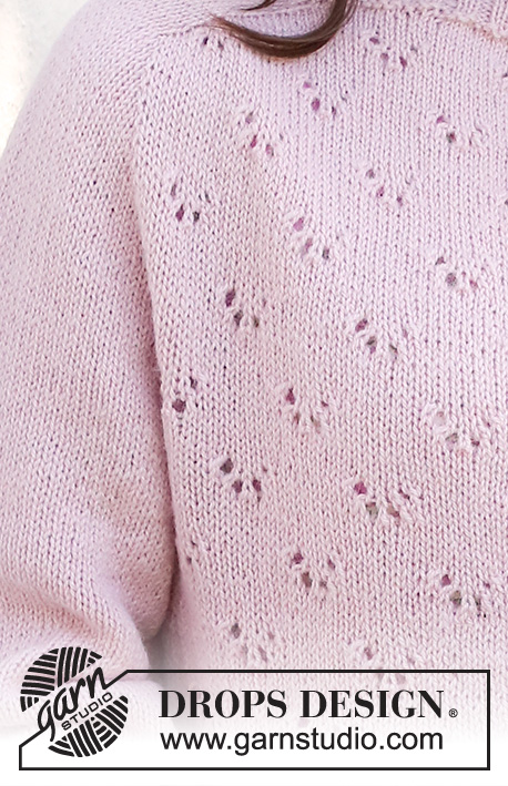 Pink Peony Sweater / DROPS 232-25 - Ylhäältä alas neulottu pusero DROPS Flora-langasta. Työssä on satulaolkapäät, pitsineuletta ja ¾-pituiset hihat. Koot S-XXXL.