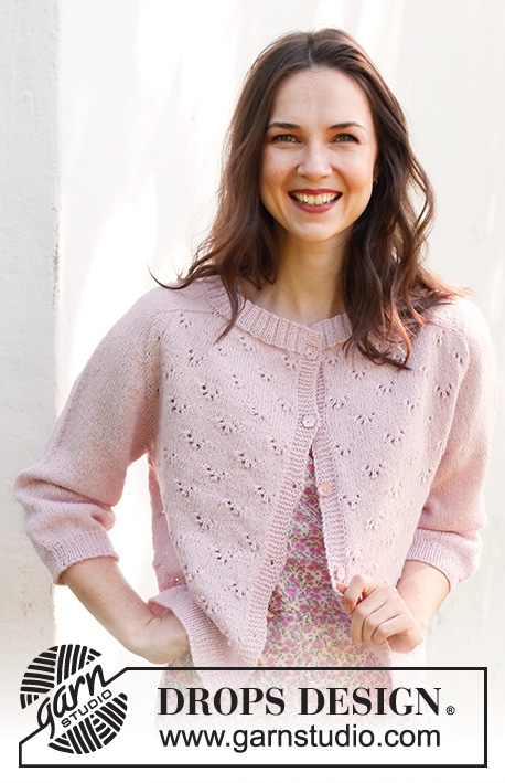 Pink Peony Cardigan / DROPS 232-26 - Knitted jacket in DROPS Flora. Piece is knitted top down with saddle shoulders, lace pattern and ¾ -length sleeves. Size: S - XXXL