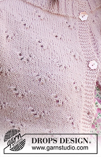 Pink Peony Cardigan / DROPS 232-26 - Rozpinany sweter na drutach, przerabiany od góry do dołu, z rękawami typu saddle shoulder, ściegiem ażurowym i z rękawami 3/4, z włóczki DROPS Flora. Od S do XXXL.