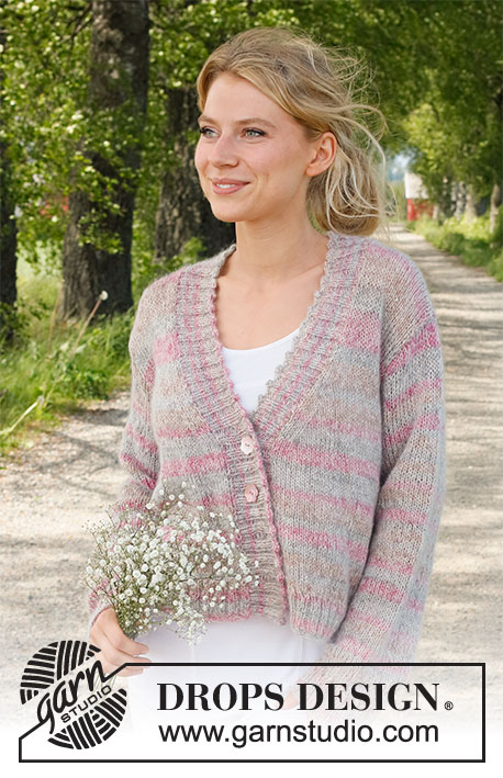 Morning Dawn Cardigan / DROPS 232-28 - Knitted jacket in DROPS Fabel and DROPS Kid-Silk. The piece is worked bottom up, with stocking stitch, v-neck, picot and split in the sides. Sizes S - XXXL.