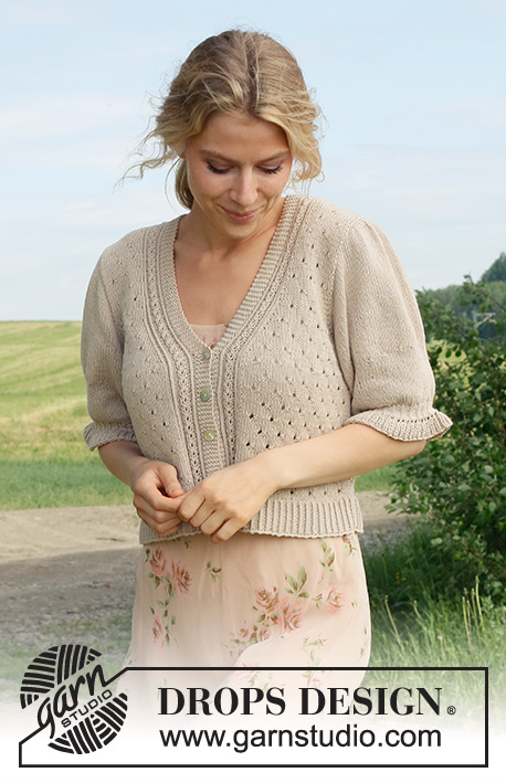 Charm Valley Cardigan / DROPS 232-31 - Knitted jacket in DROPS Safran. Piece is knitted bottom up with lace pattern, V-neck pattern and short puffed sleeves. Size: S - XXXL