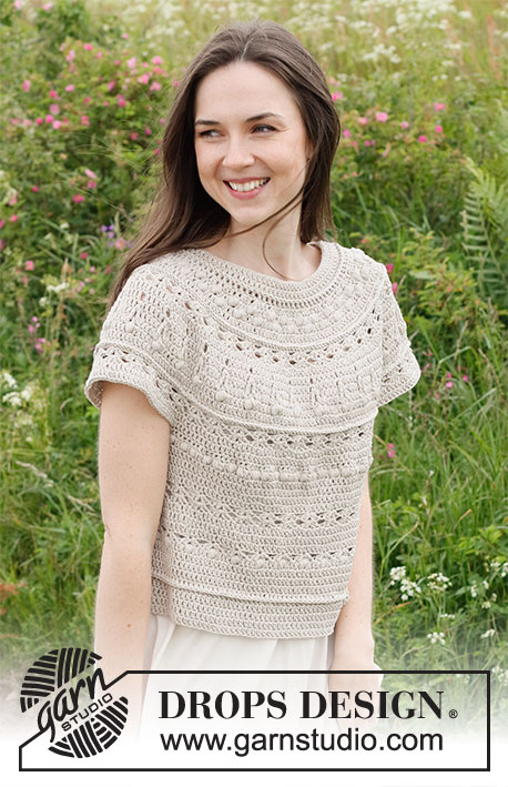 Sand Castle Top / DROPS 232-39 - Crocheted top in DROPS Cotton Light. The piece is worked top down, with round yoke, fan pattern and bobbles. Sizes S - XXXL.