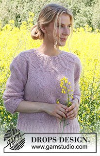 Sommerflørt / DROPS 232-41 - Knitted jumper in DROPS Soft Tweed and DROPS Kid-Silk. Piece is knitted top down with round yoke, ¾ sleeves and cables. Size: S - XXXL