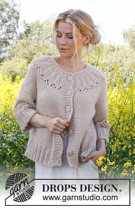 Harvest Wreath Cardigan / DROPS 232-46 - Knitted jacket in DROPS Wish or 2 strands DROPS Air. Piece is knitted top down with round yoke, lace pattern and  ¾ sleeves. Size: S - XXXL