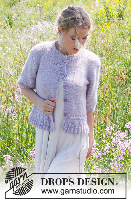 Provence Purple Cardigan / DROPS 232-52 - Knitted jacket in DROPS Alpaca and DROPS Kid-Silk. The piece is worked bottom up, with short sleeves and double neck. Sizes S - XXXL.