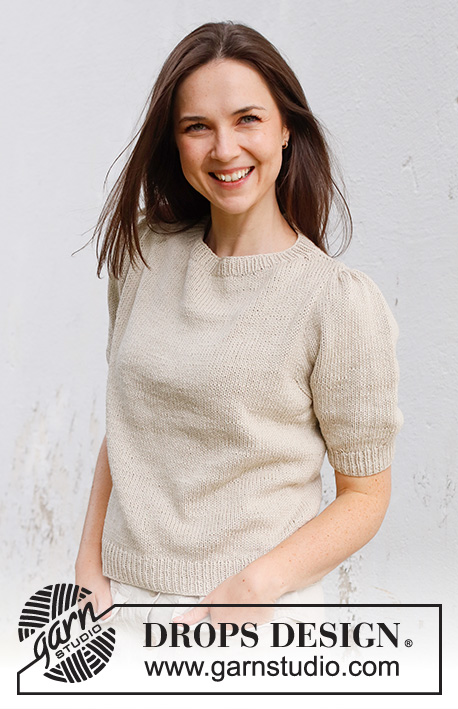May Tee / DROPS 232-53 - Knitted jumper with short sleeves / t-shirt in DROPS Belle. Piece is knitted top down with shoulder increase, stocking stitch and short puffed sleeves. Size: S - XXXL