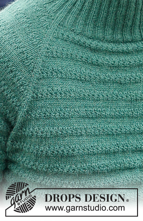 Green Harmony / DROPS 233-11 - DROPS Nord lõngast ülevalt alla kootud tekstuurse mustriga, raglaan varrukatega ja topeltkaelusega džemper  suurustele S kuni XXXL