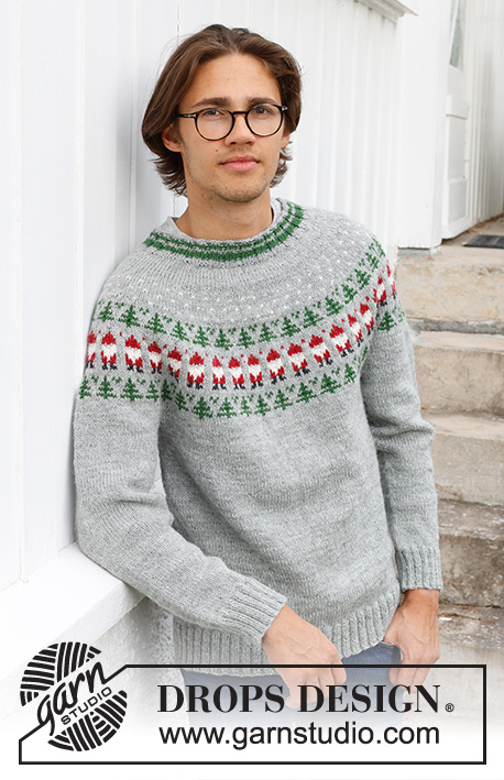 Christmas Time Sweater / DROPS 233-12 - DROPS Karisma lõngast ülevalt alla kootud mitmevärvilise päkapikkude ja kuuskede mustriga ja ümara passega džemper meestele suurustele S kuni XXXL jõuludeks