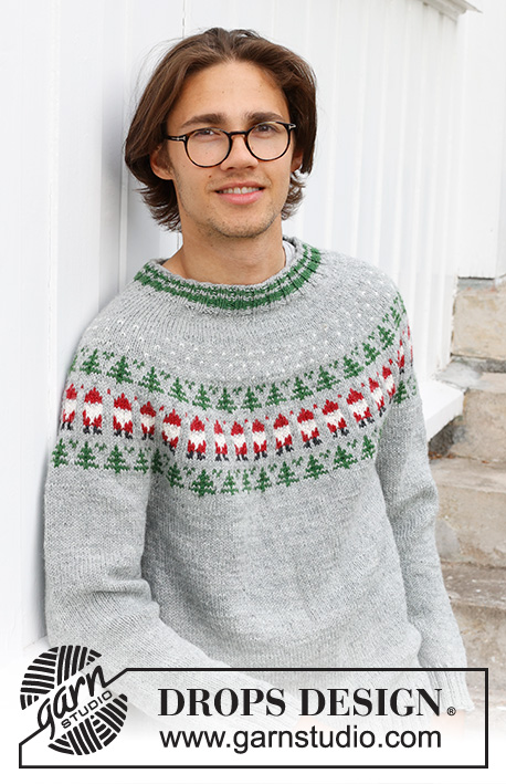 Christmas Time Sweater / DROPS 233-12 - Pull tricoté de haut en bas pour homme, avec empiècement arrondi et jacquard Père Noël et Sapin de Noël, en DROPS Karisma. Du S au XXXL. Thème: Noël.