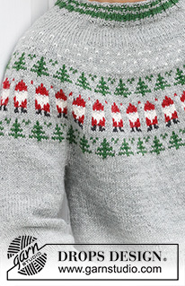 Christmas Time Sweater / DROPS 233-12 - DROPS Karisma lõngast ülevalt alla kootud mitmevärvilise päkapikkude ja kuuskede mustriga ja ümara passega džemper meestele suurustele S kuni XXXL jõuludeks