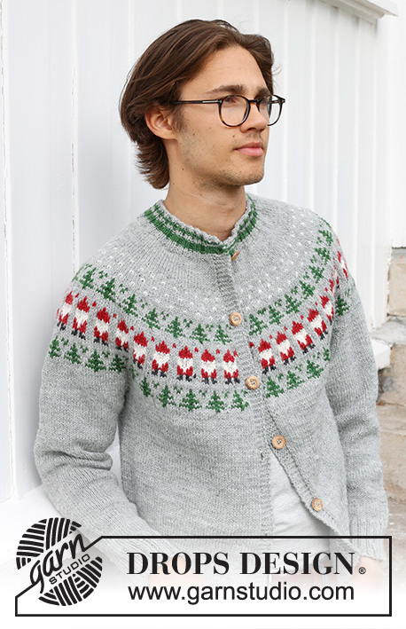 Christmas Time Cardigan / DROPS 233-13 - Knitted jacket for men in DROPS Karisma. The piece is worked top down, with round yoke and colored pattern of Santa and Christmas tree. Sizes S - XXXL. Theme: Christmas.