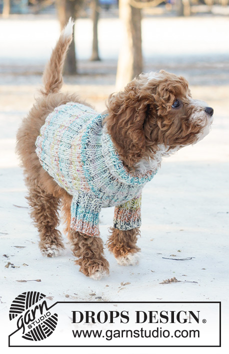 Winter Awakens / DROPS 233-18 - Sweterek dla psa na drutach, ze ściągaczami, 2 nitkami włóczki DROPS Fabel. Od XS do M.