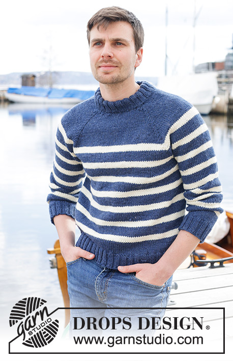 Meet the Captain / DROPS 233-22 - Knitted jumper for men in DROPS Alaska. The piece is worked top down with raglan, stripes and double neck. Sizes S - XXXL.