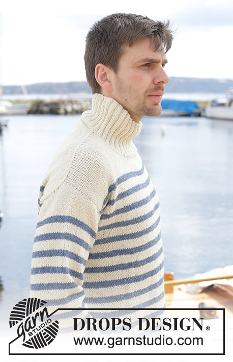Sailor Stripes / DROPS 233-23 - Knitted sweater for men in DROPS Soft Tweed. The piece is worked top down, with diagonal shoulders / European shoulders, stripes and high neck. Sizes S - XXXL.