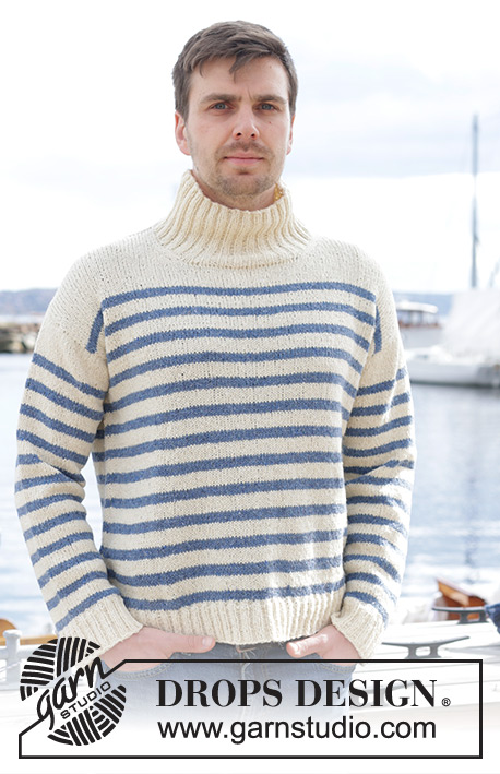Sailor Stripes / DROPS 233-23 - Knitted sweater for men in DROPS Soft Tweed. The piece is worked top down, with diagonal shoulders / European shoulders, stripes and high neck. Sizes S - XXXL.