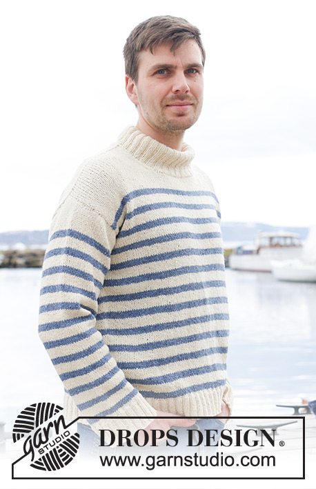 Sailor Stripes / DROPS 233-23 - Knitted jumper for men in DROPS Soft Tweed. The piece is worked top down, with diagonal shoulders / European shoulders, stripes and high neck. Sizes S - XXXL.