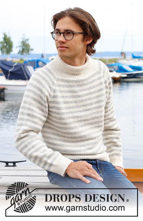 Latitude / DROPS 233-3 - Męski sweter na drutach, przerabiany od góry do dołu, z włóczki DROPS Karisma lub DROPS Puna, z podwójnym wykończeniem dekoltu, reglanowymi rękawami i w paski. Od S do XXXL.