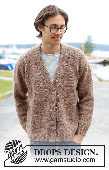 Tweed Casual / DROPS 233-9 - Knitted jacket for men in DROPS Soft Tweed and DROPS Kid-Silk. The piece is worked bottom up with V-neck and double bands. Sizes S - XXXL.