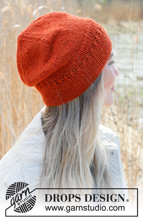 Sweet Orange / DROPS 234-52 - Knitted hat in DROPS Alpaca. Piece is knitted bottom up with rib, stocking stitch and lace pattern.