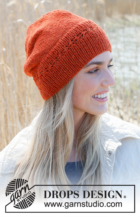 Sweet Orange / DROPS 234-52 - Knitted hat in DROPS Alpaca. Piece is knitted bottom up with rib, stocking stitch and lace pattern.